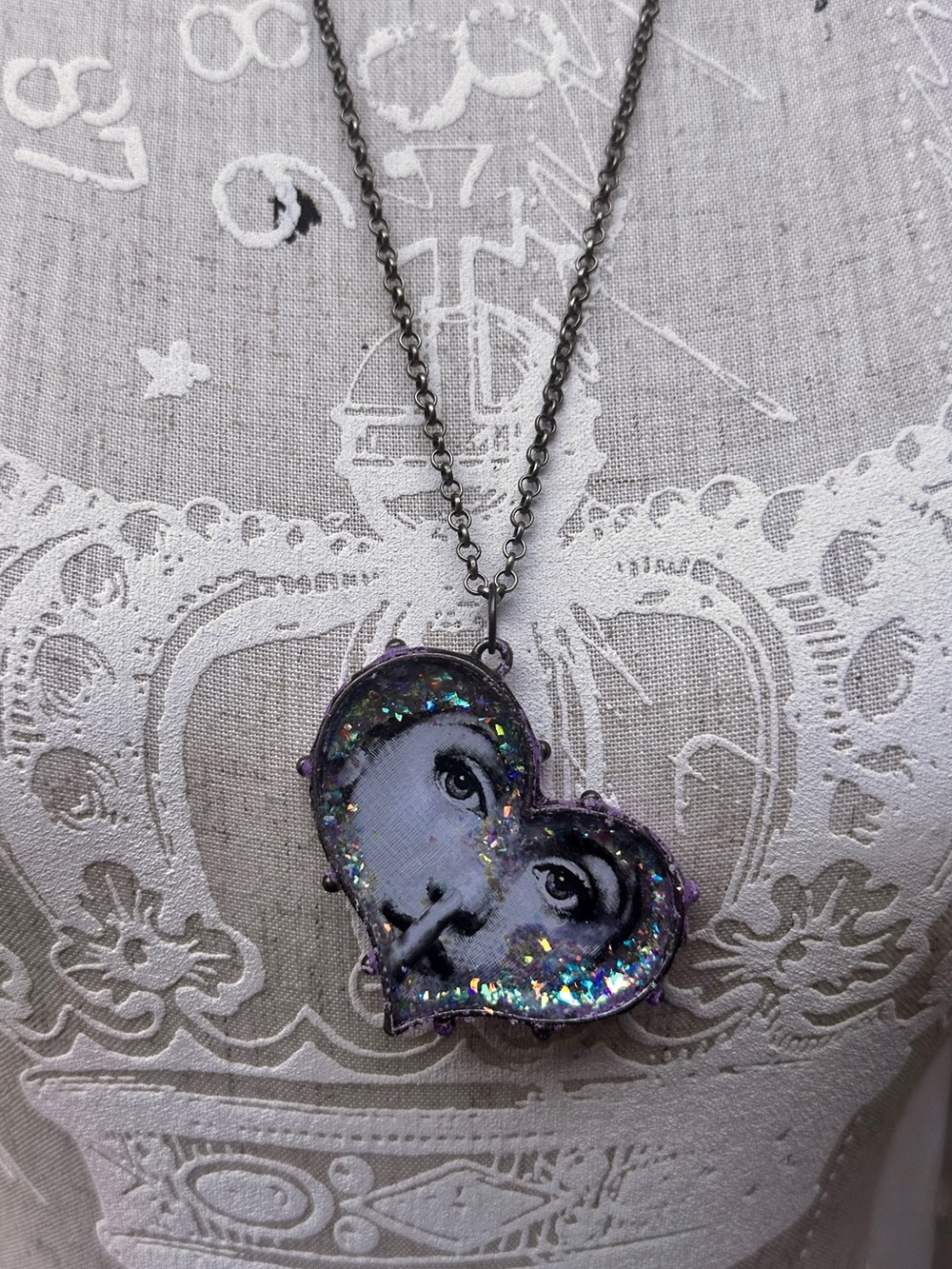 Handmade Mixed Media Heart Face Pendant Necklace in Purple and Silver Glitter
